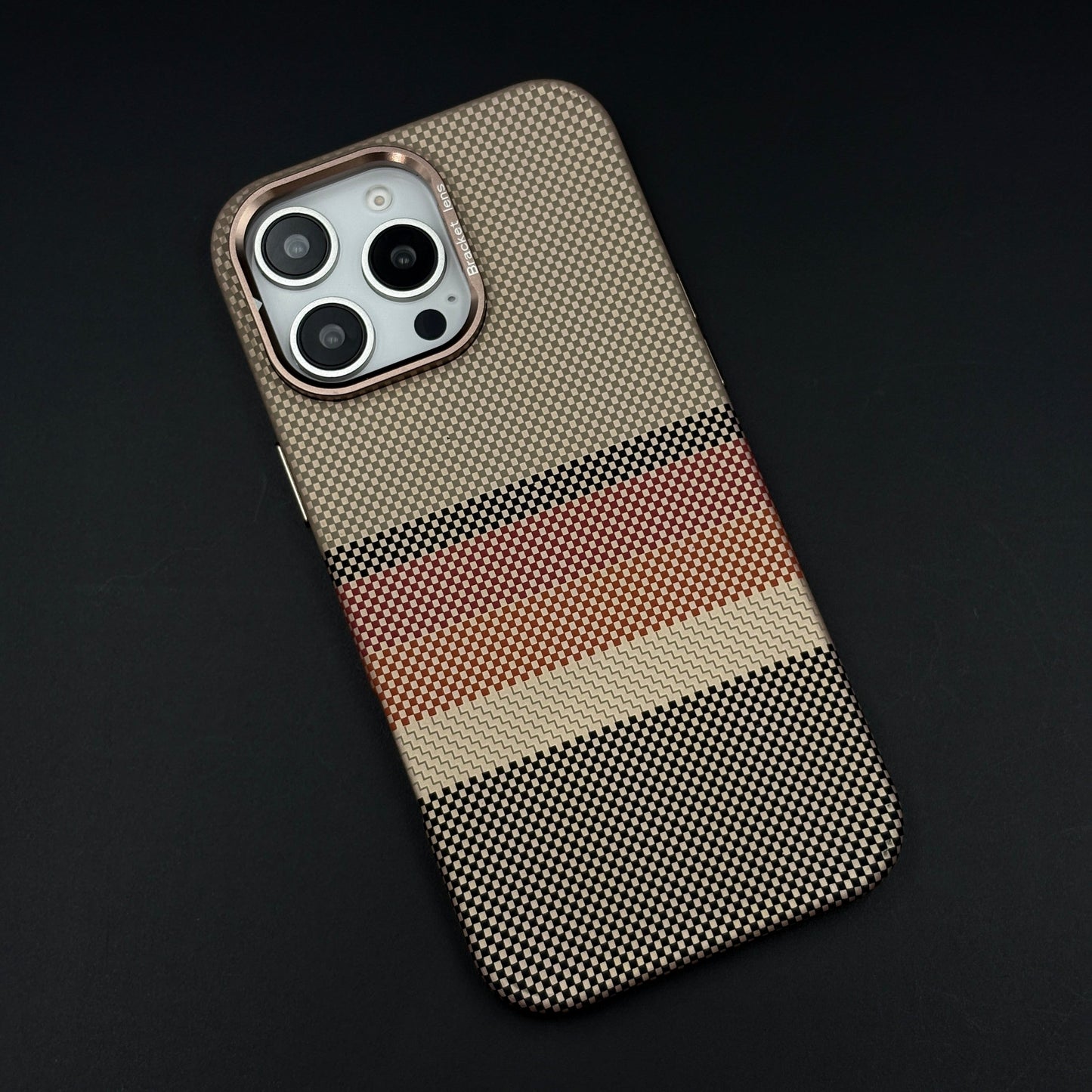 iPhone Aramid Multi-Stripe Case with Camera Kickstand | Carbon Fibre Feel | Hidden MagSafe | Beige Stripe Design