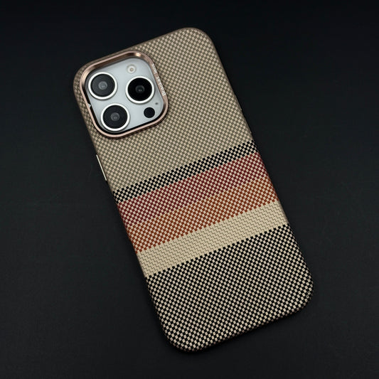 iPhone Aramid Multi-Stripe Case with Camera Kickstand | Carbon Fibre Feel | Hidden MagSafe | Beige Stripe Design