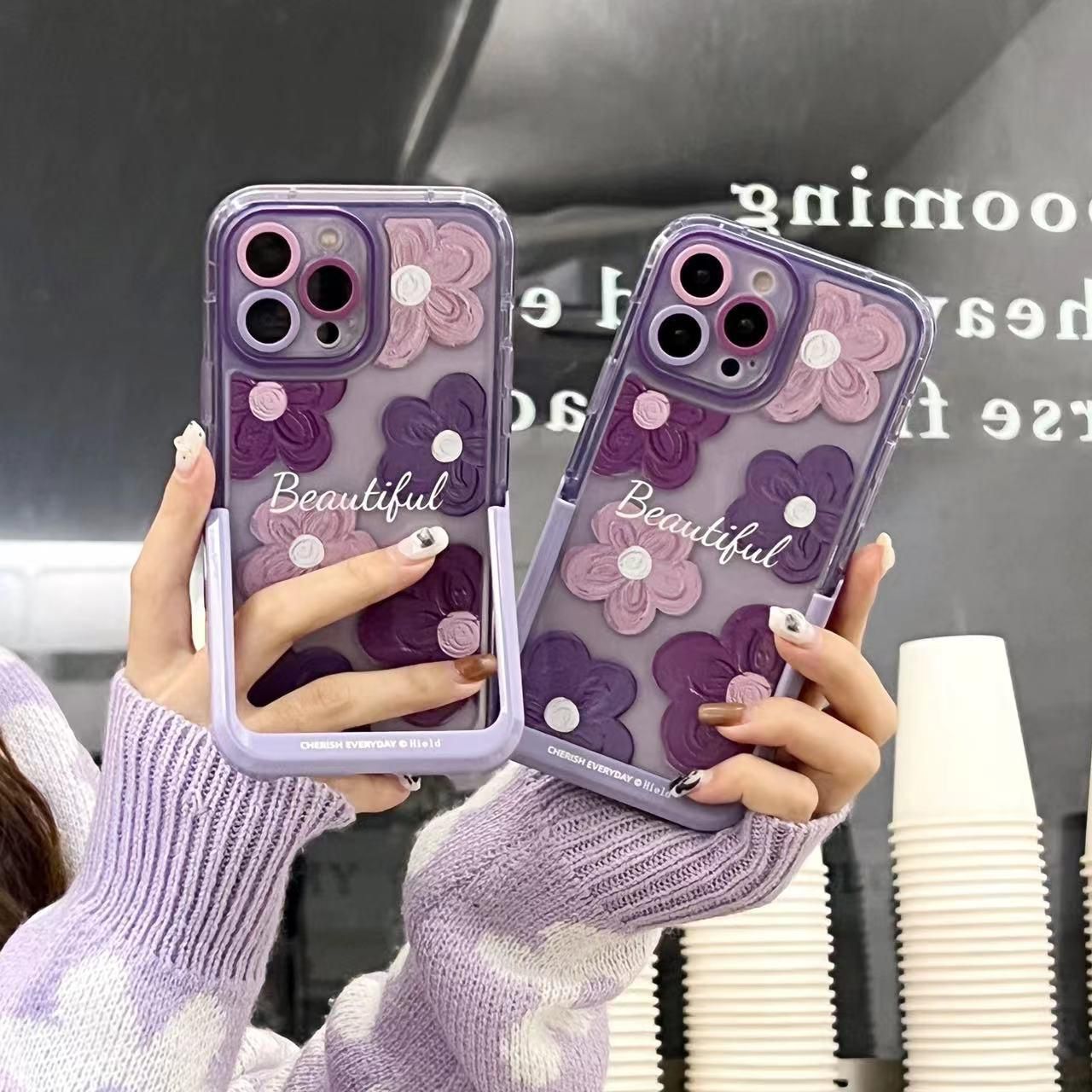 iPhone 16 Series Beautiful Purple Glossy Floral With Kickstand Case Cover