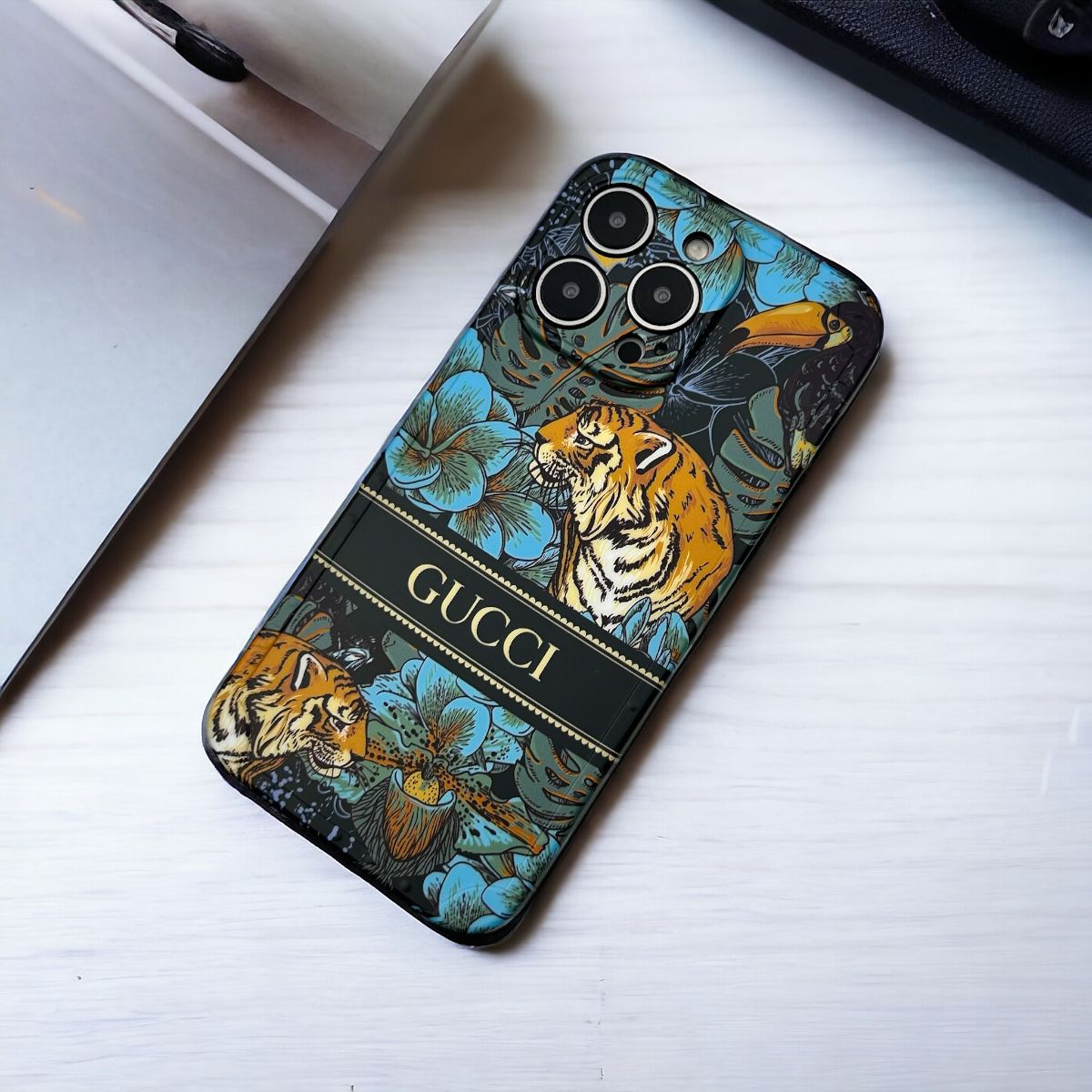 iPhone 16 Series Luxury GG Tiger Design Camera Protection Case Cover