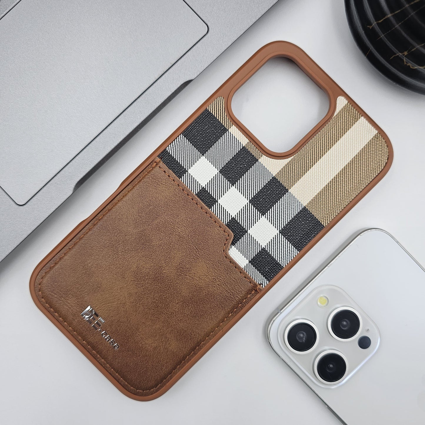 iPhone 15 Series Checks Pattern Leather Cardholder Case With Inside Velvet