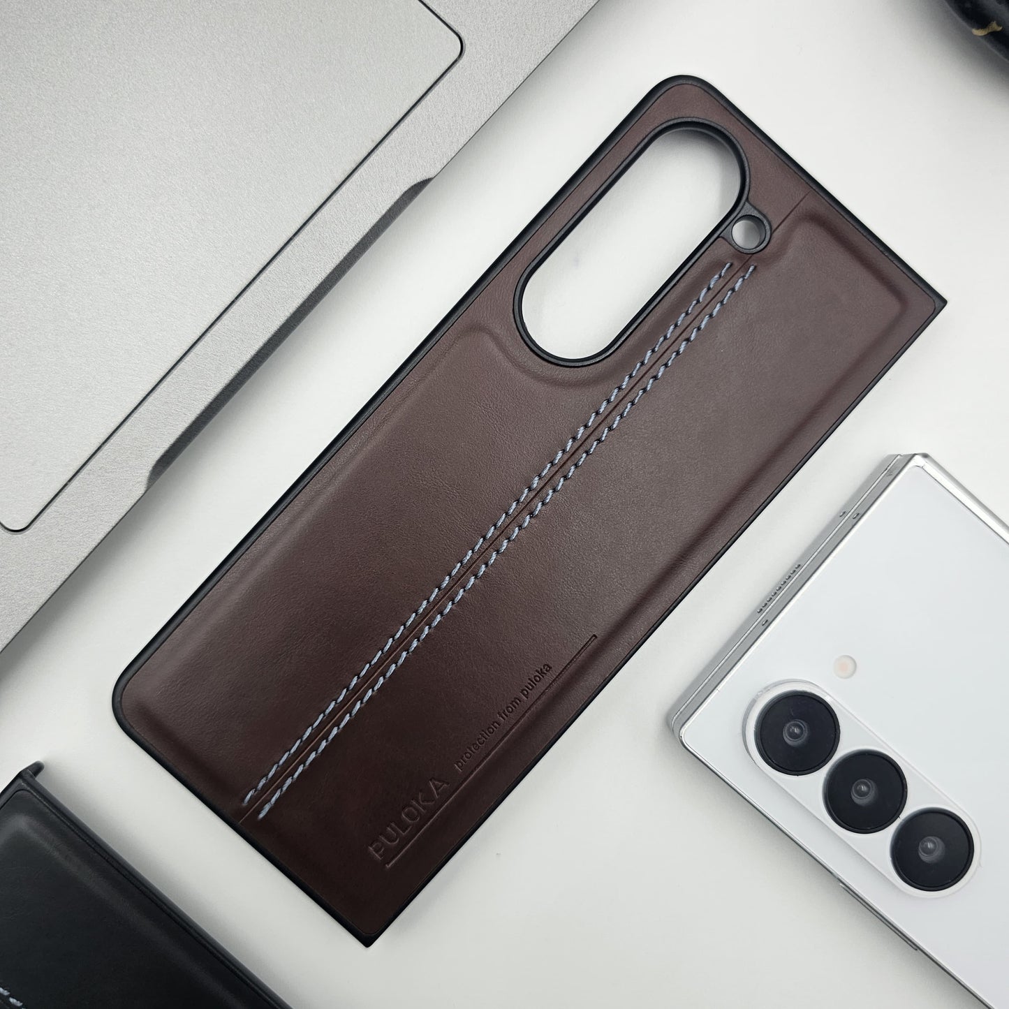 Samsung Galaxy Z Fold 5 Centre Stitched Leather Case Inside Velvet