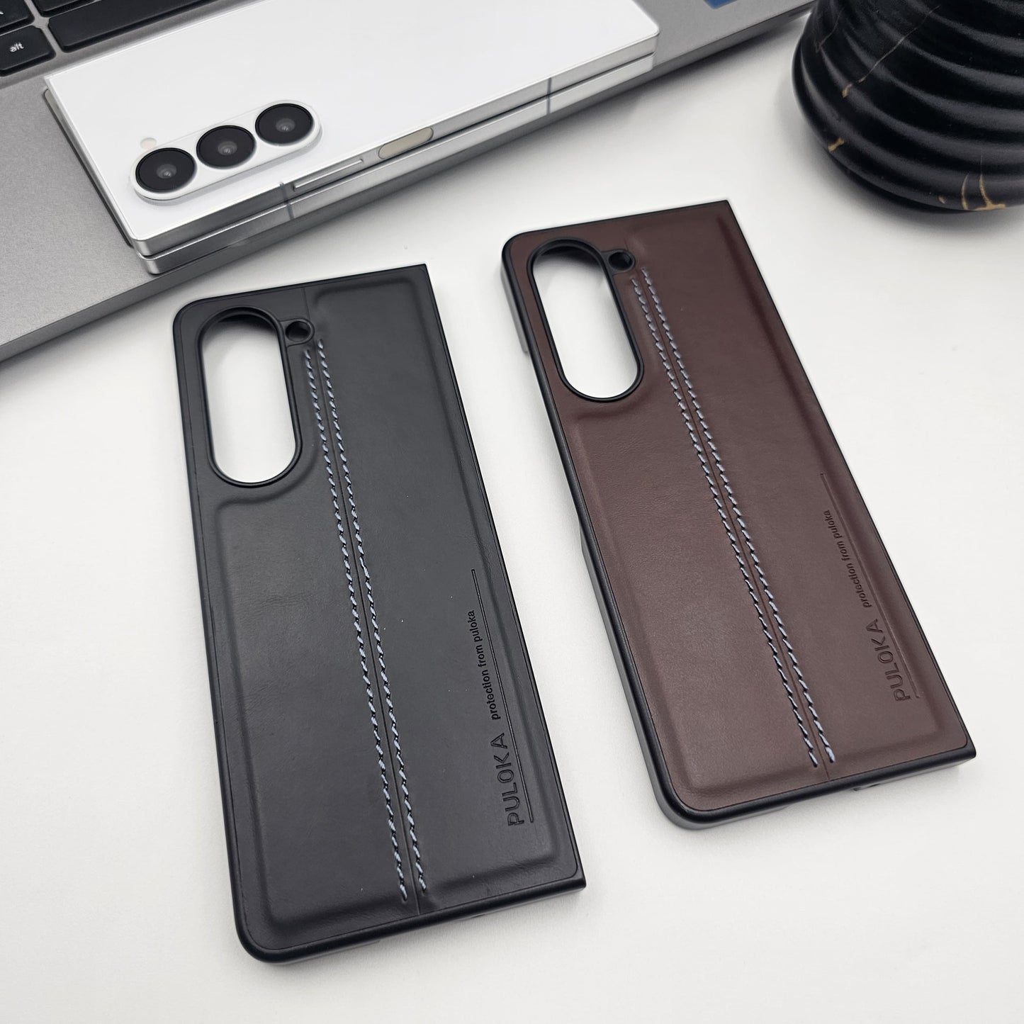 Samsung Galaxy Z Fold 5 Centre Stitched Leather Case Inside Velvet