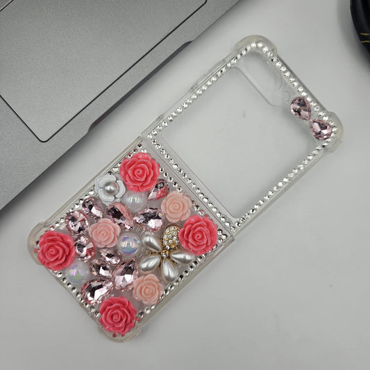 Samsung Galaxy Z Flip 5 Pink Floral Diamond Stone Shimmer Case