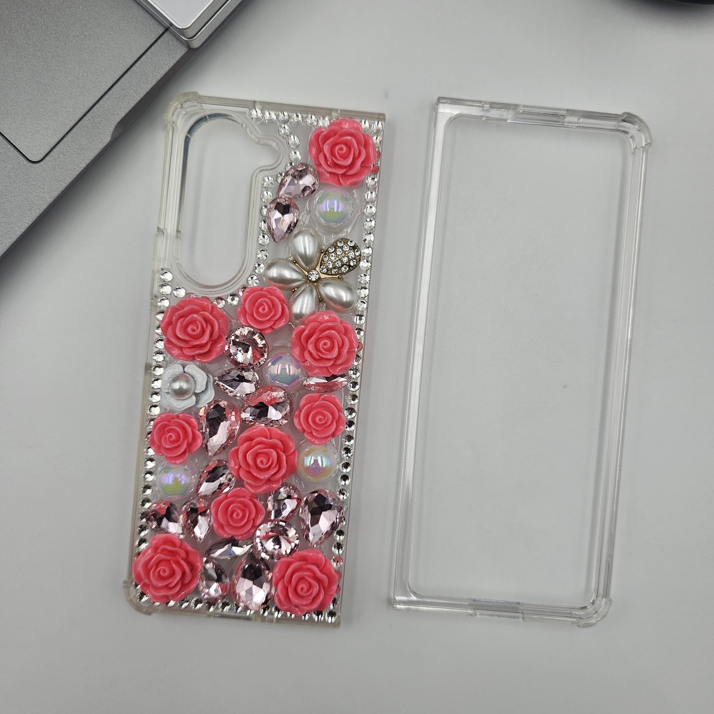 Samsung Galaxy Z Fold 5 Pink Floral Diamond Stone Shimmer Case