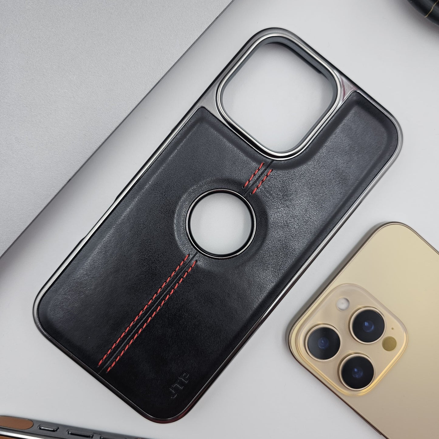 iPhone Logo Cut Centre Stitched PU Leather Chrome Case
