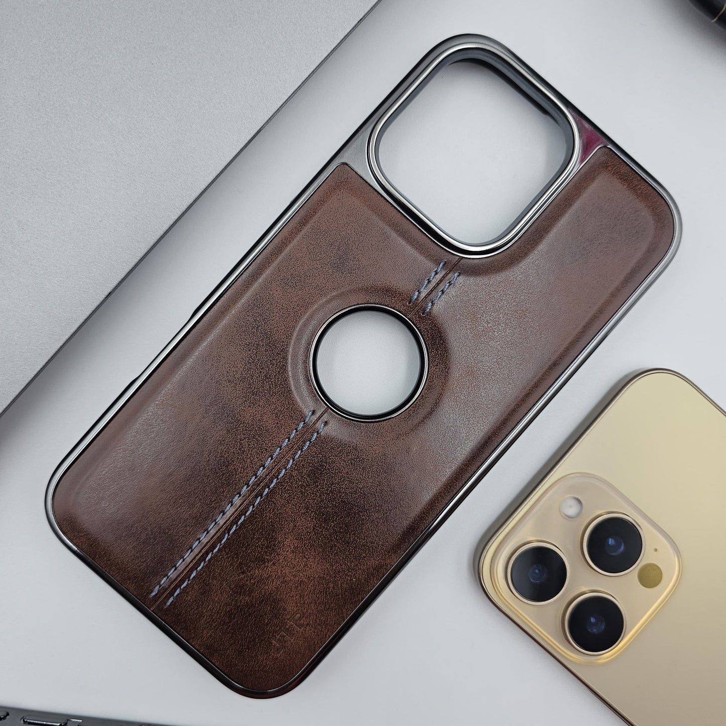 iPhone Logo Cut Centre Stitched PU Leather Chrome Case
