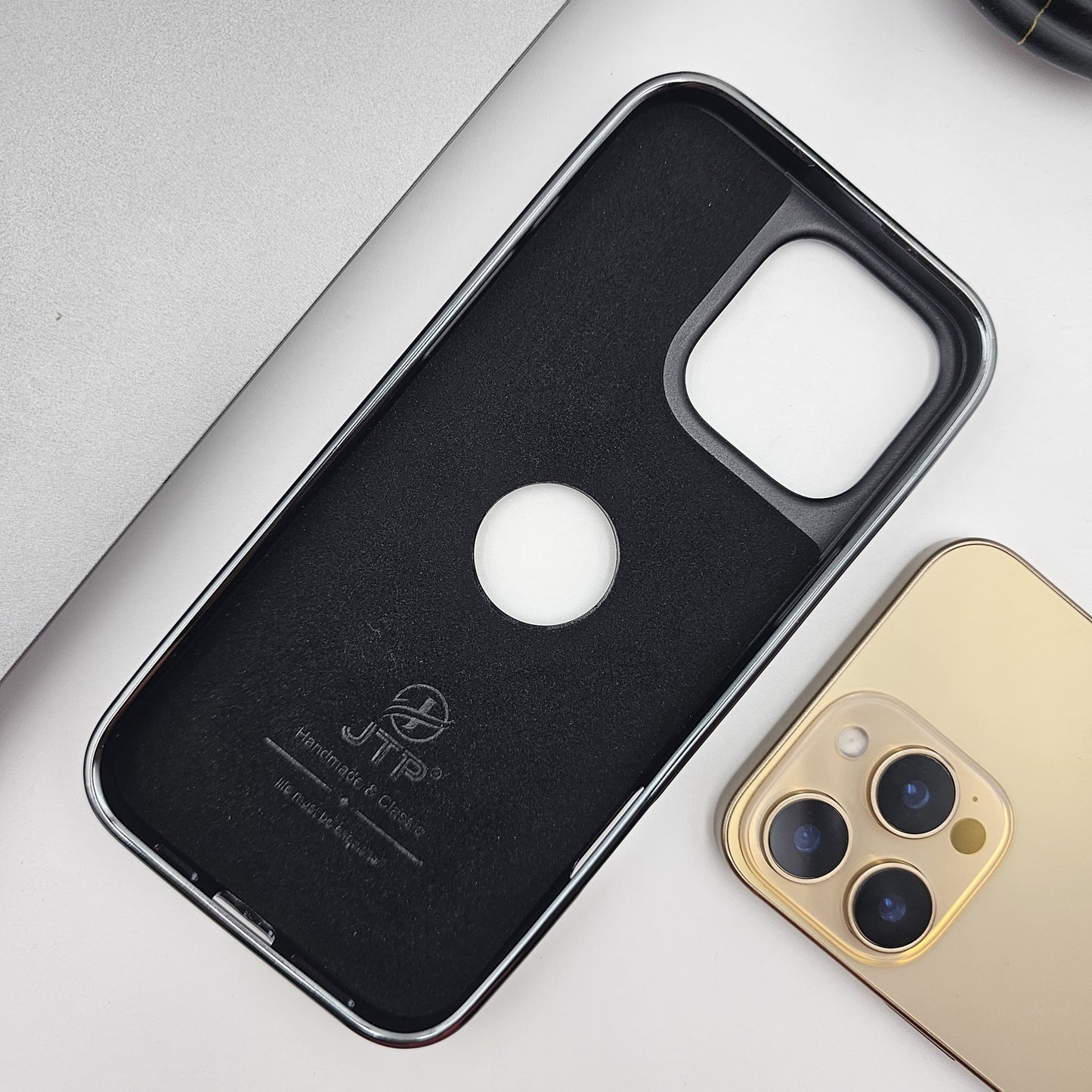 iPhone Logo Cut Centre Stitched PU Leather Chrome Case