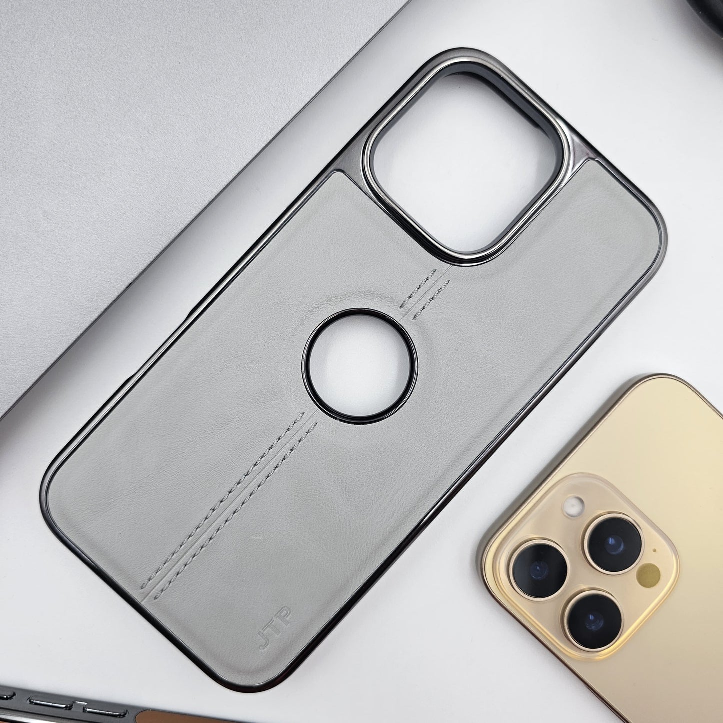 iPhone Logo Cut Centre Stitched PU Leather Chrome Case