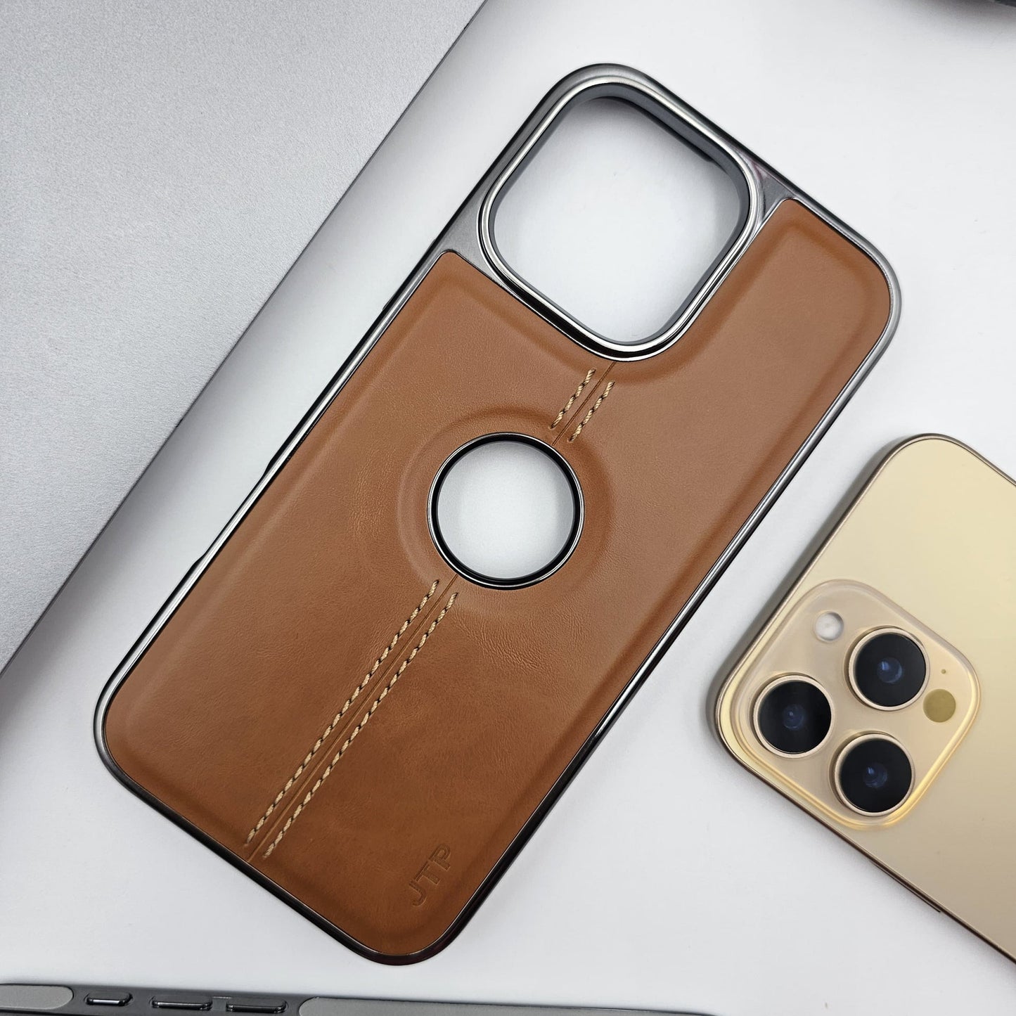 iPhone Logo Cut Centre Stitched PU Leather Chrome Case