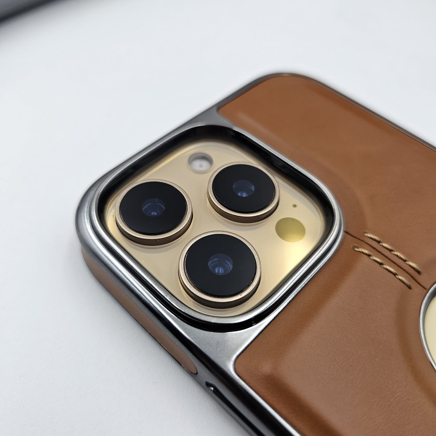 iPhone Logo Cut Centre Stitched PU Leather Chrome Case