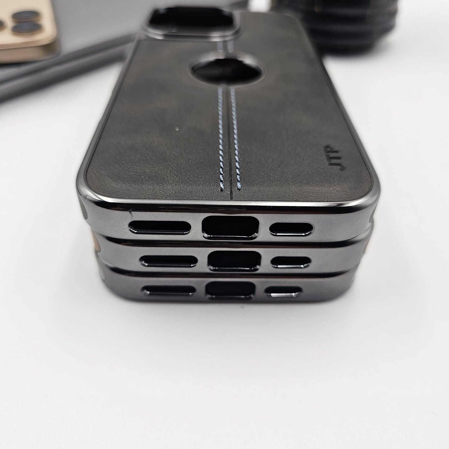 iPhone Logo Cut Centre Stitched PU Leather Chrome Case