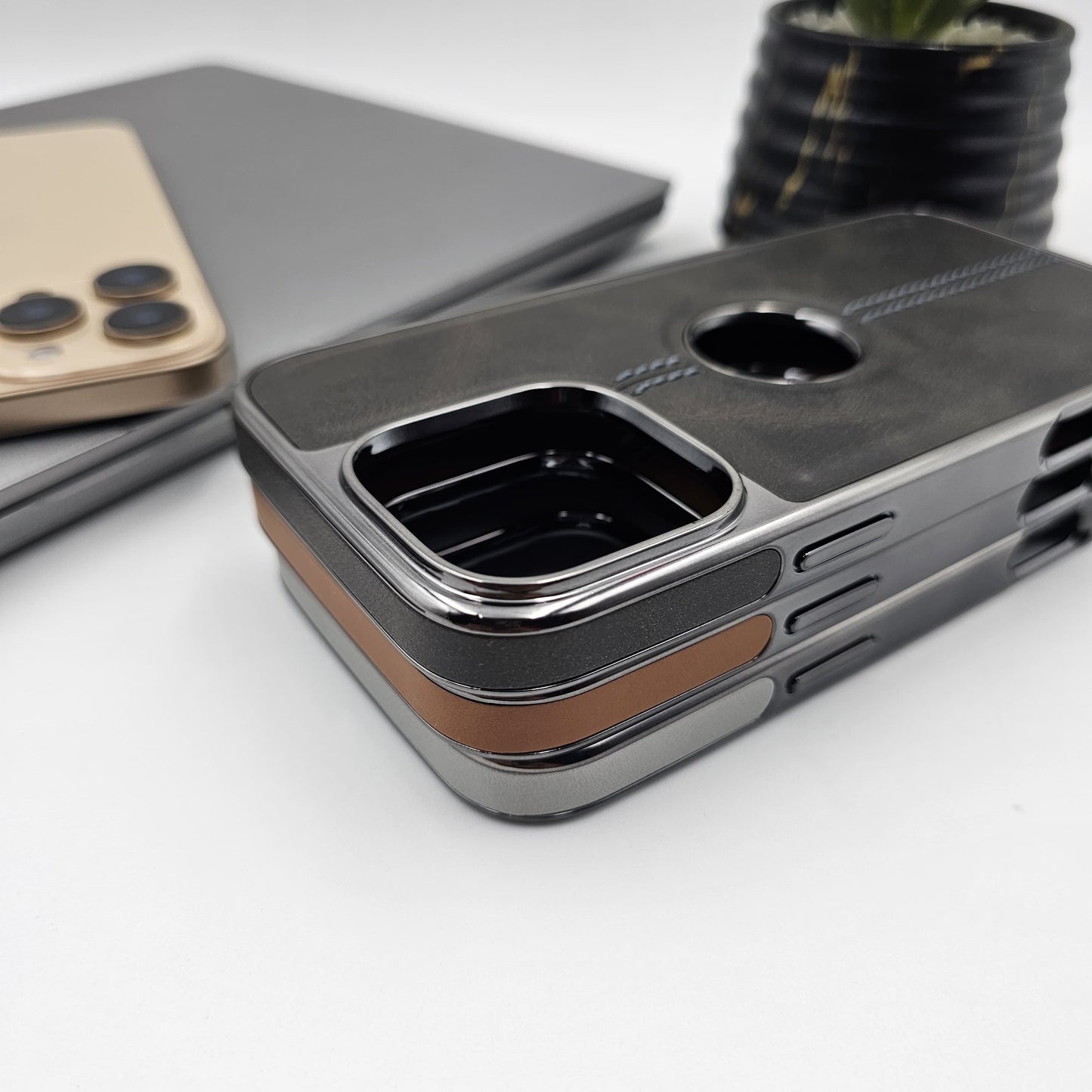 iPhone Logo Cut Centre Stitched PU Leather Chrome Case