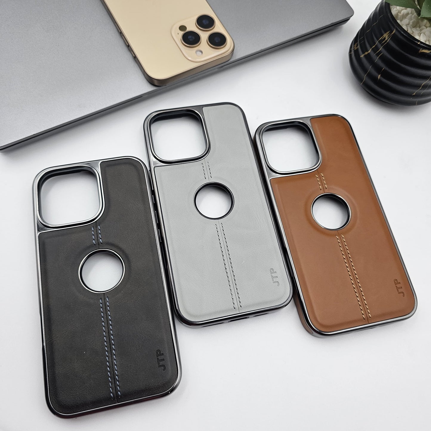 iPhone Logo Cut Centre Stitched PU Leather Chrome Case