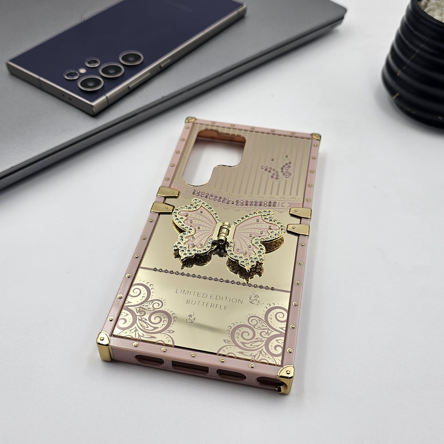 Luxury Butterfly Trunk Case for Samsung Galaxy S24 Ultra | Gold Mirror Finish | Diamond Butterfly
