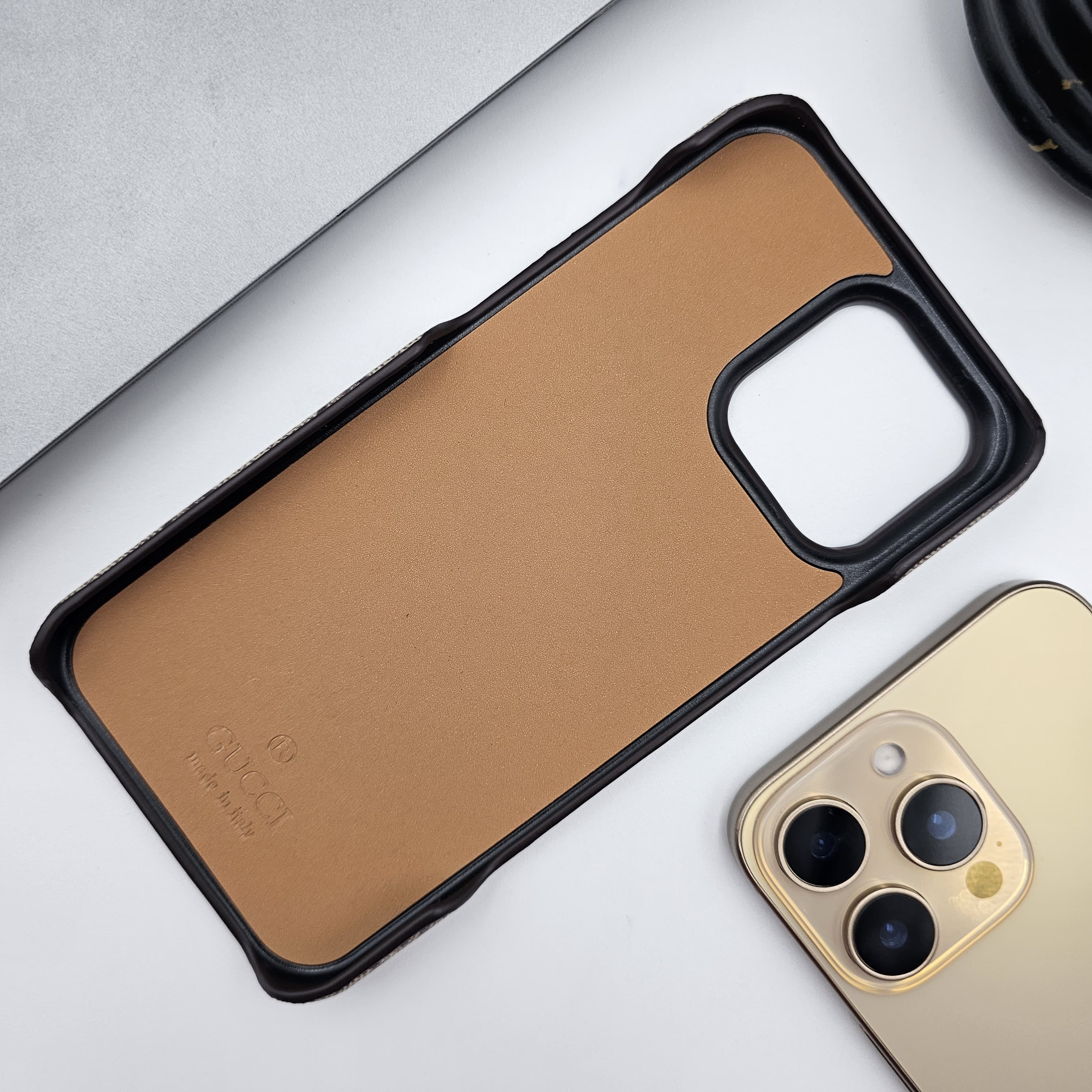 iPhone 16 Series Luxury GG Metal Logo PU Leather Case