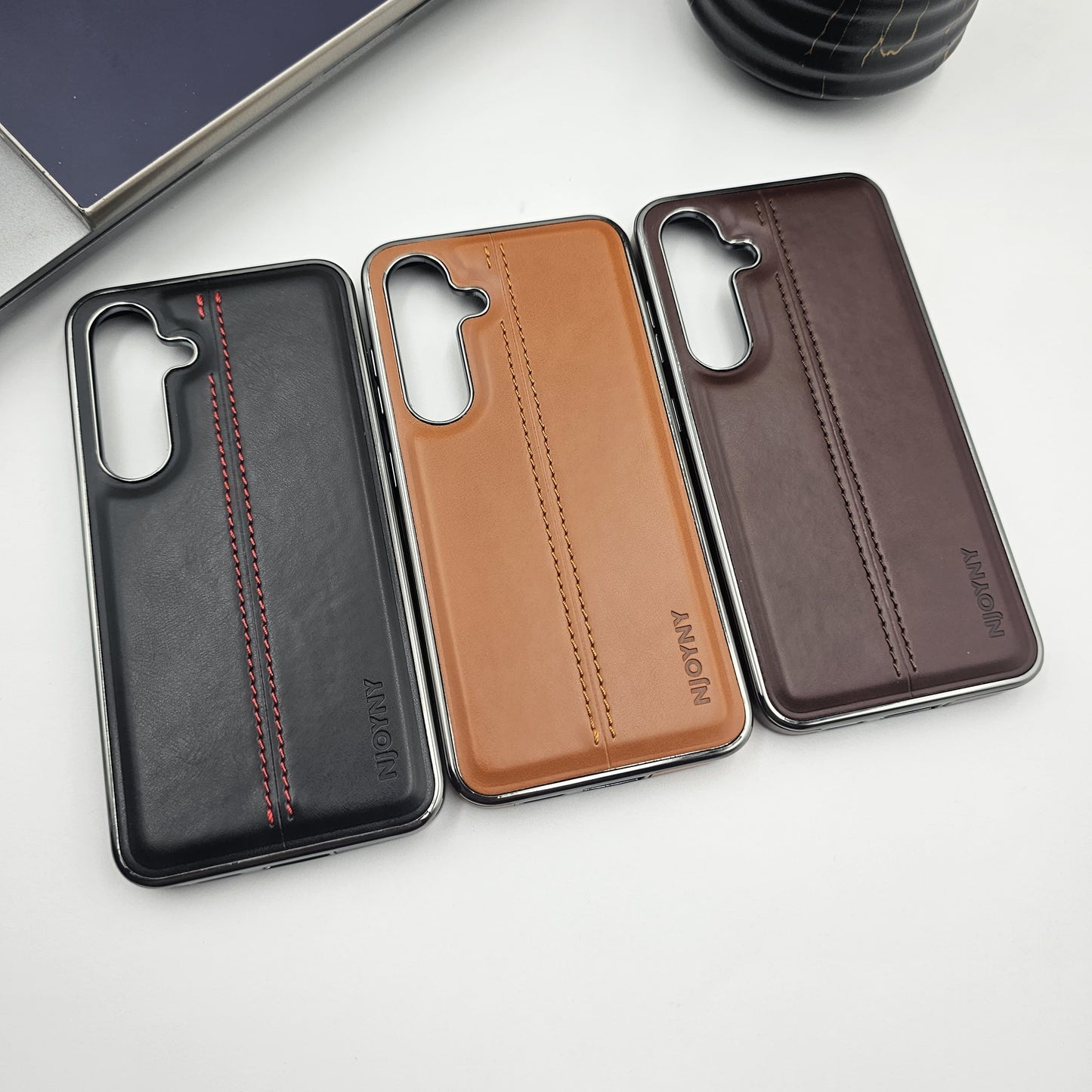 Samsung Galaxy S23 FE Centre Stitched Leather Case Chrome Border Inside Velvet