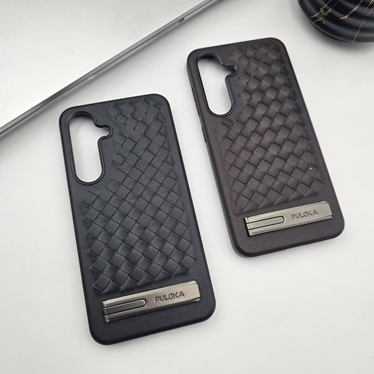 Samsung Galaxy S25 Leather Checks Grid Pattern Kickstands Case