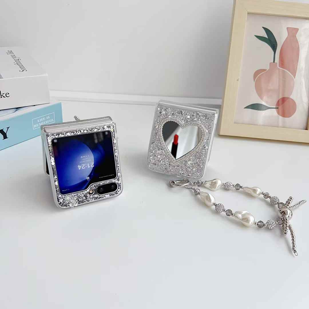 Heart Shape Mirror Glitter Phone Case with Beaded Strap for Samsung Galaxy Z Flip 6