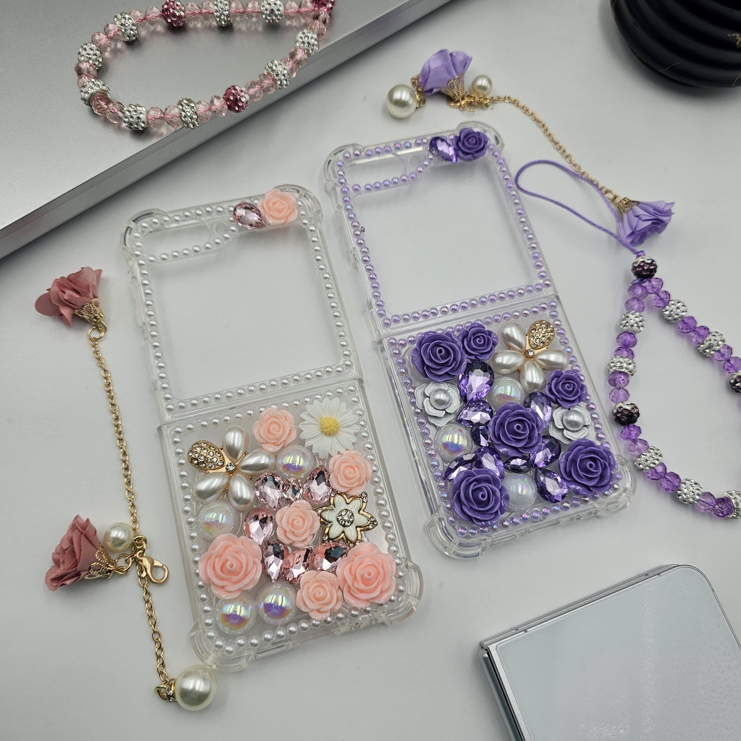 Samsung Galaxy Z Flip 6 Rose Floral Pearl Strap Holder Case