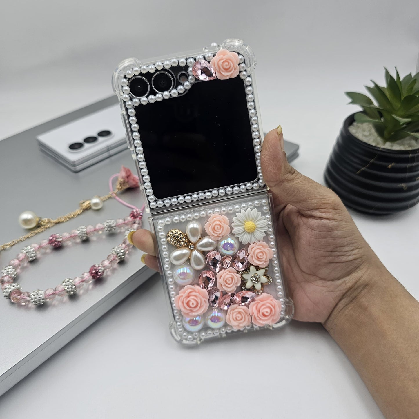 Samsung Galaxy Z Flip 6 Rose Floral Pearl Strap Holder Case