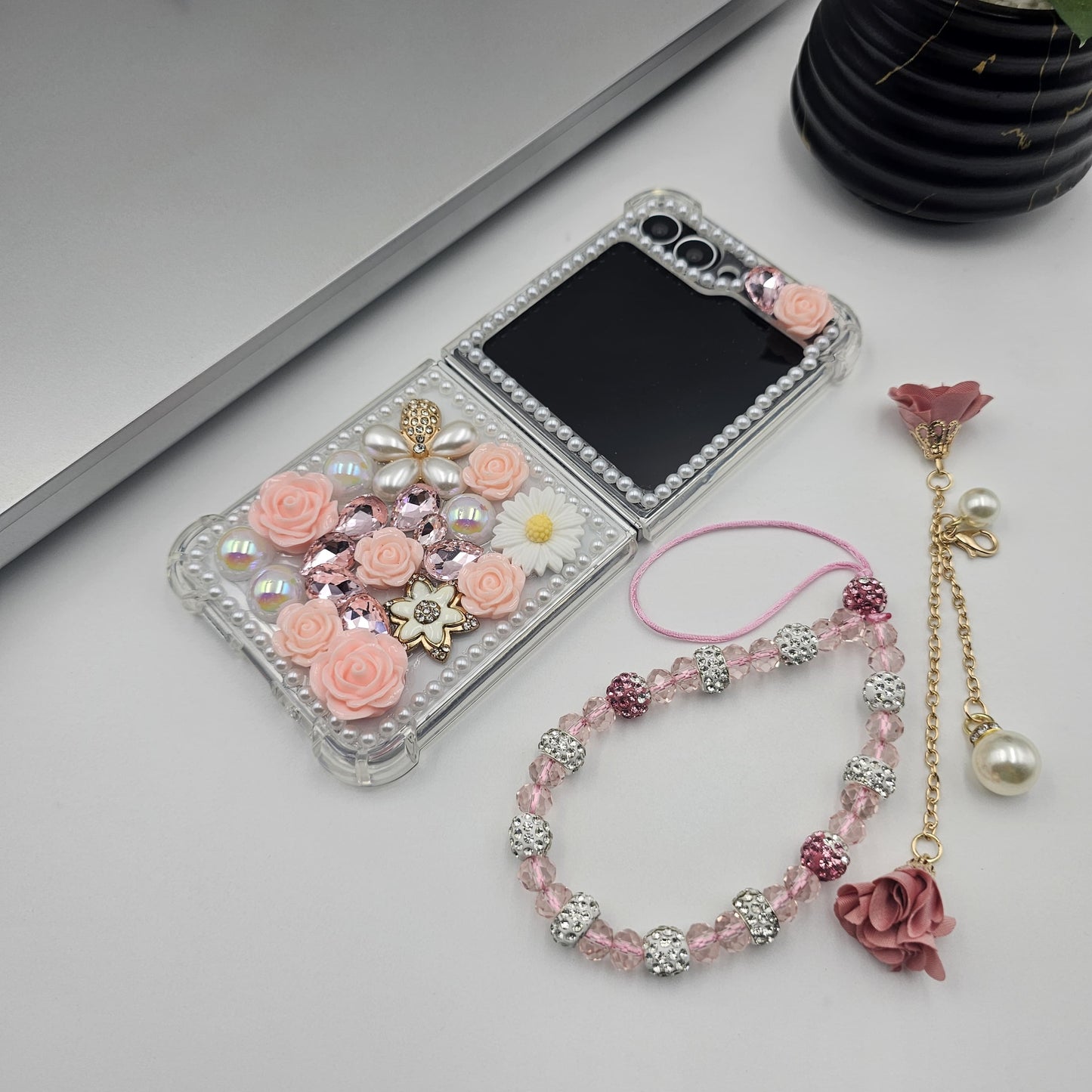 Luxury Pearl Rhinestone Bling Case for Samsung Galaxy Z Flip 6 | Floral 3D Designer Cove