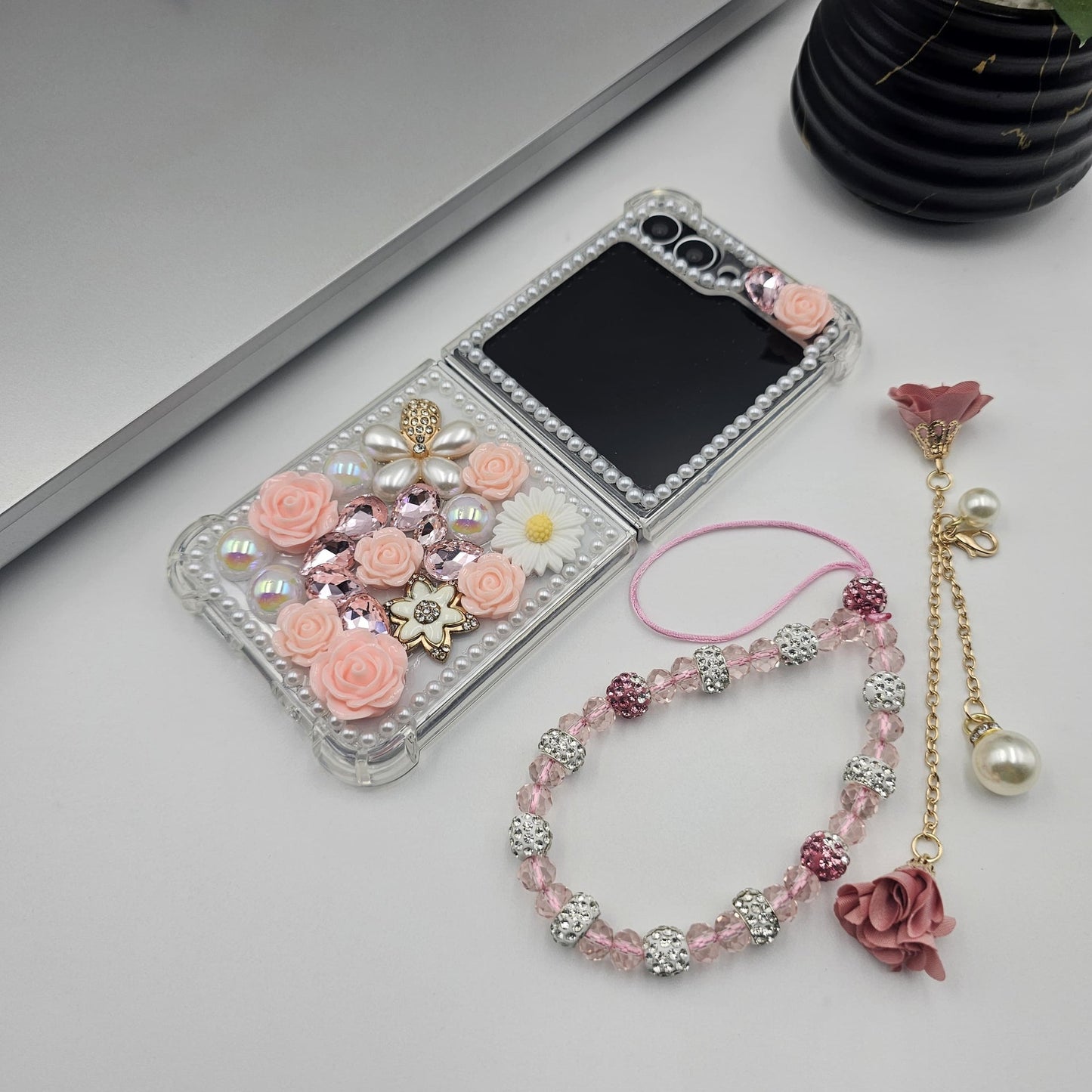 Luxury Pearl Rhinestone Bling Case for Samsung Galaxy Z Flip 6 | Floral 3D Designer Cove