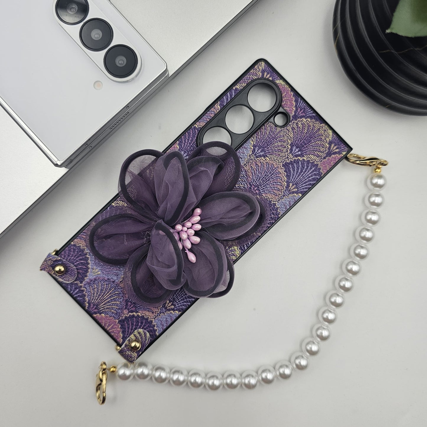 Samsung Galaxy Z Fold 6 3D Floral Case With Pearl Strap Holder