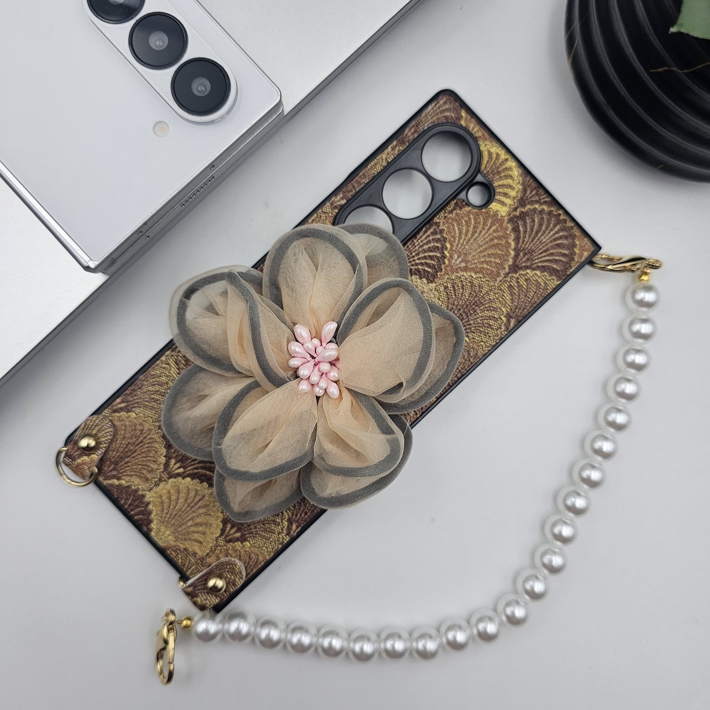 Samsung Galaxy Z Fold 6 3D Floral Case With Pearl Strap Holder