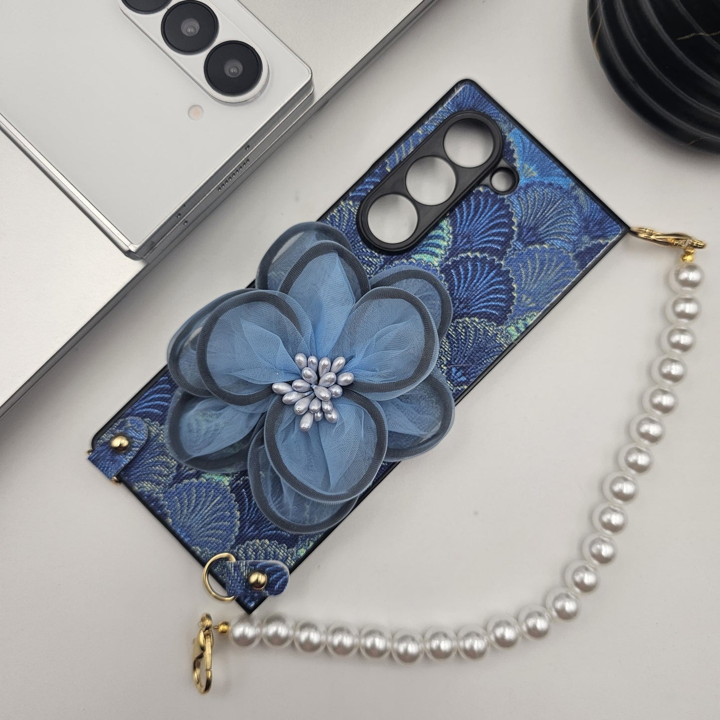 Samsung Galaxy Z Fold 6 3D Floral Case With Pearl Strap Holder