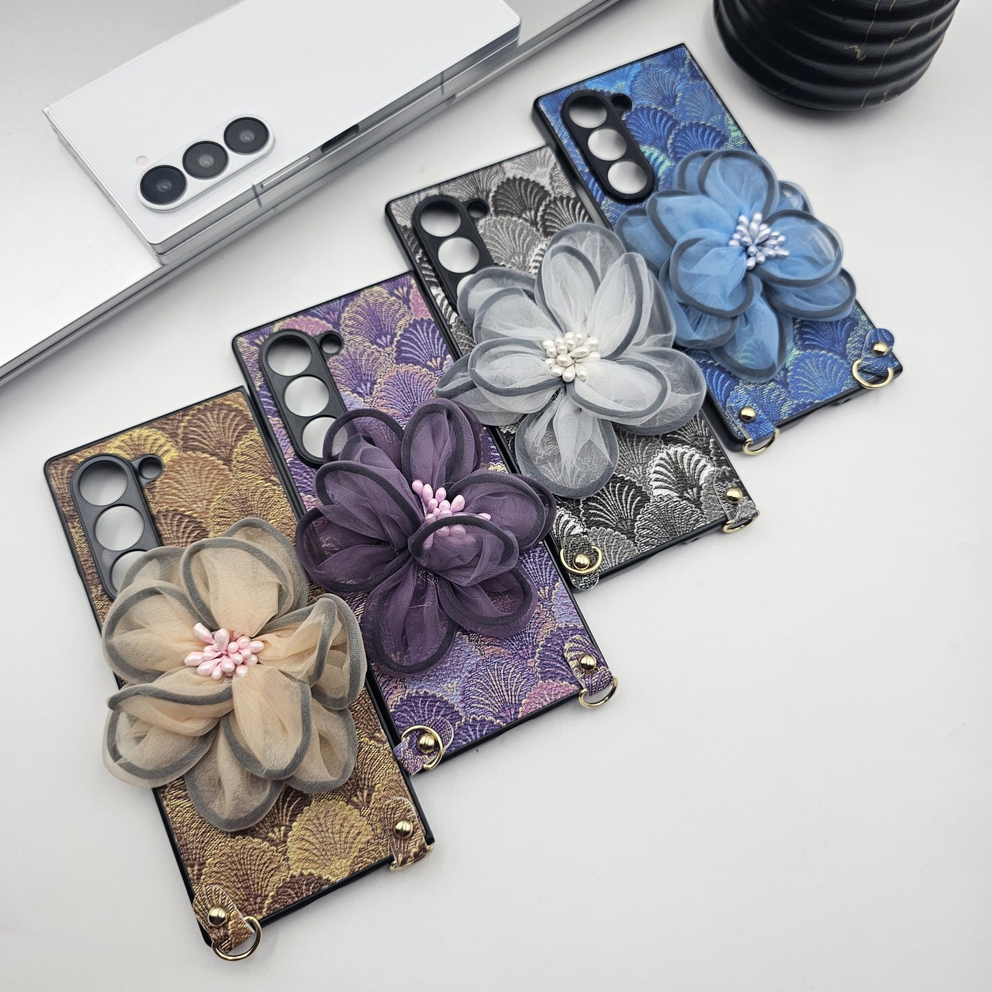 Samsung Galaxy Z Fold 6 3D Floral Case With Pearl Strap Holder