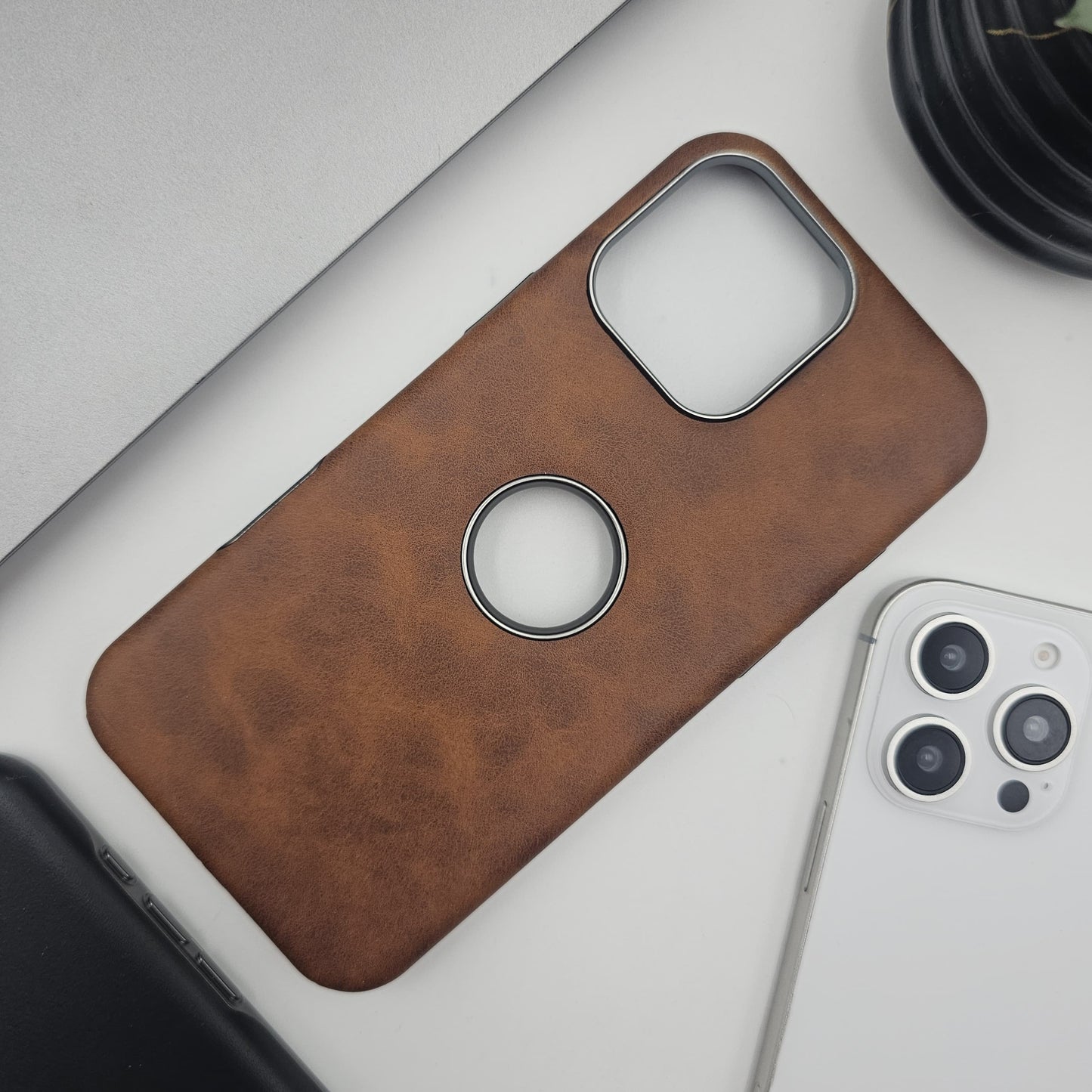 iPhone Luxury Leather Logo Cut Hidden Magsafe Case