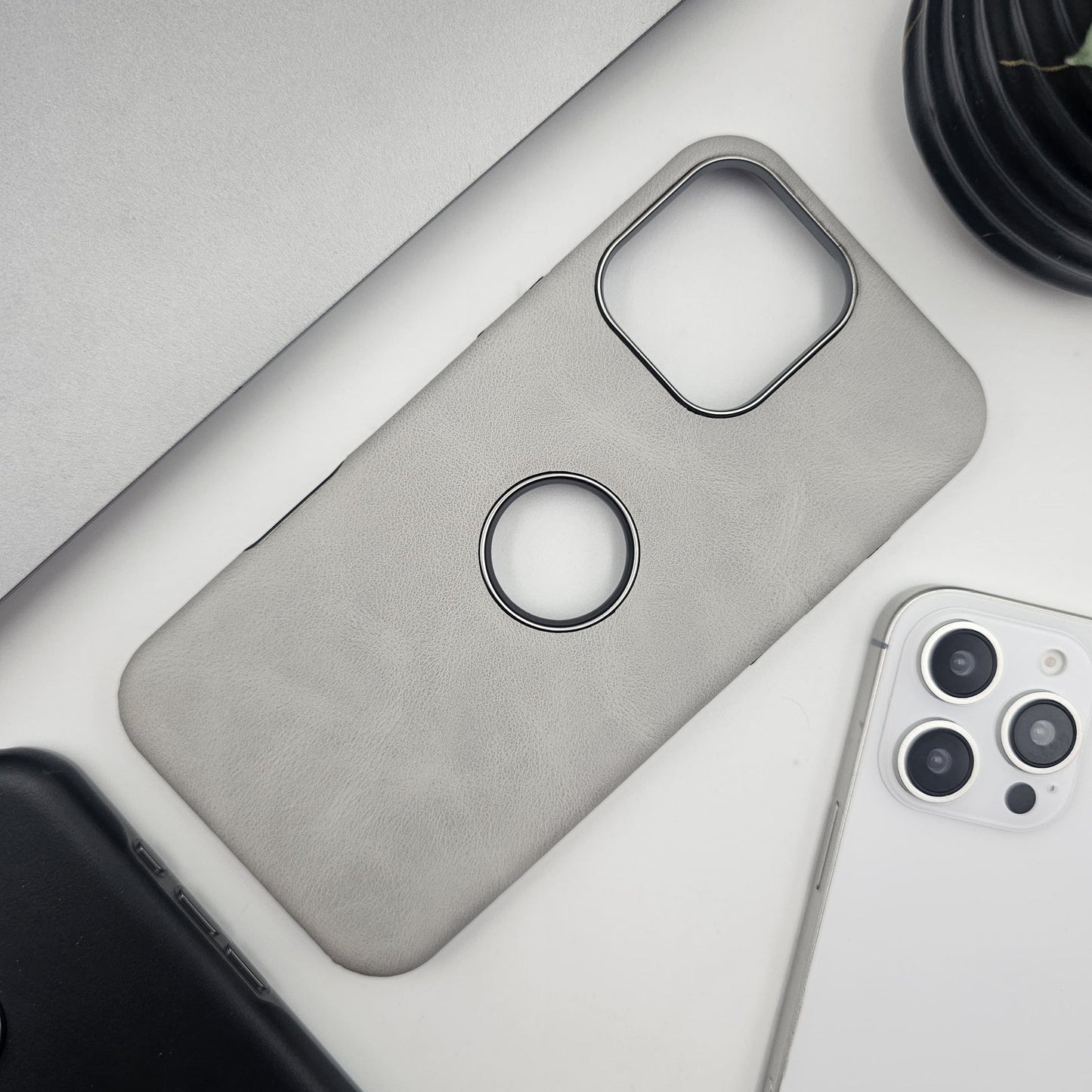 iPhone Luxury Leather Logo Cut Hidden Magsafe Case