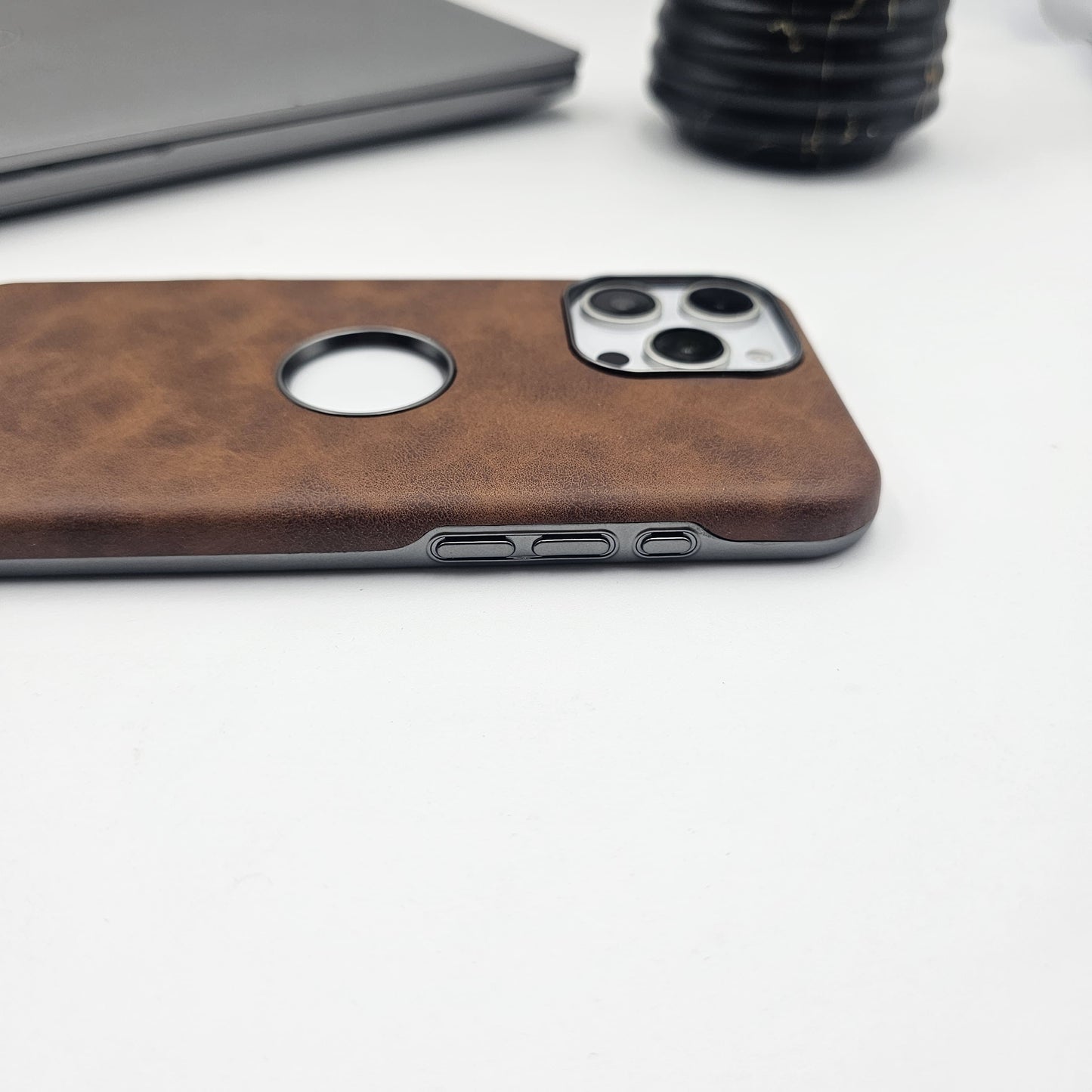 iPhone Luxury Leather Logo Cut Hidden Magsafe Case