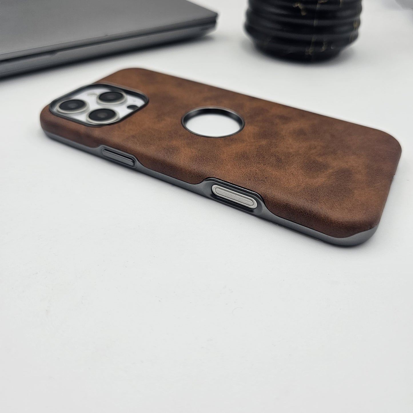 iPhone Luxury Leather Logo Cut Hidden Magsafe Case