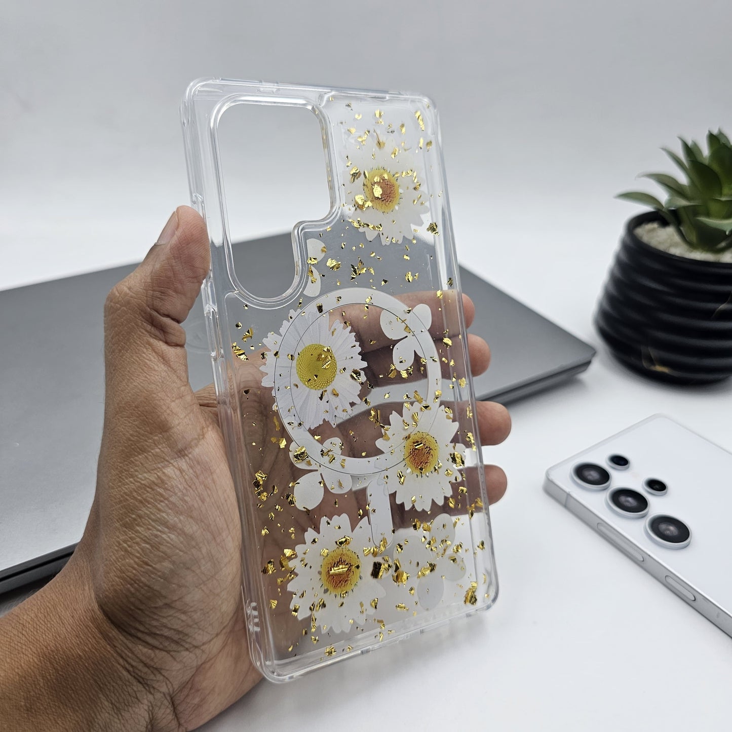 Samsung Galaxy S25 Ultra Floral Non Yellow Glitter Magsafe Silicone Case