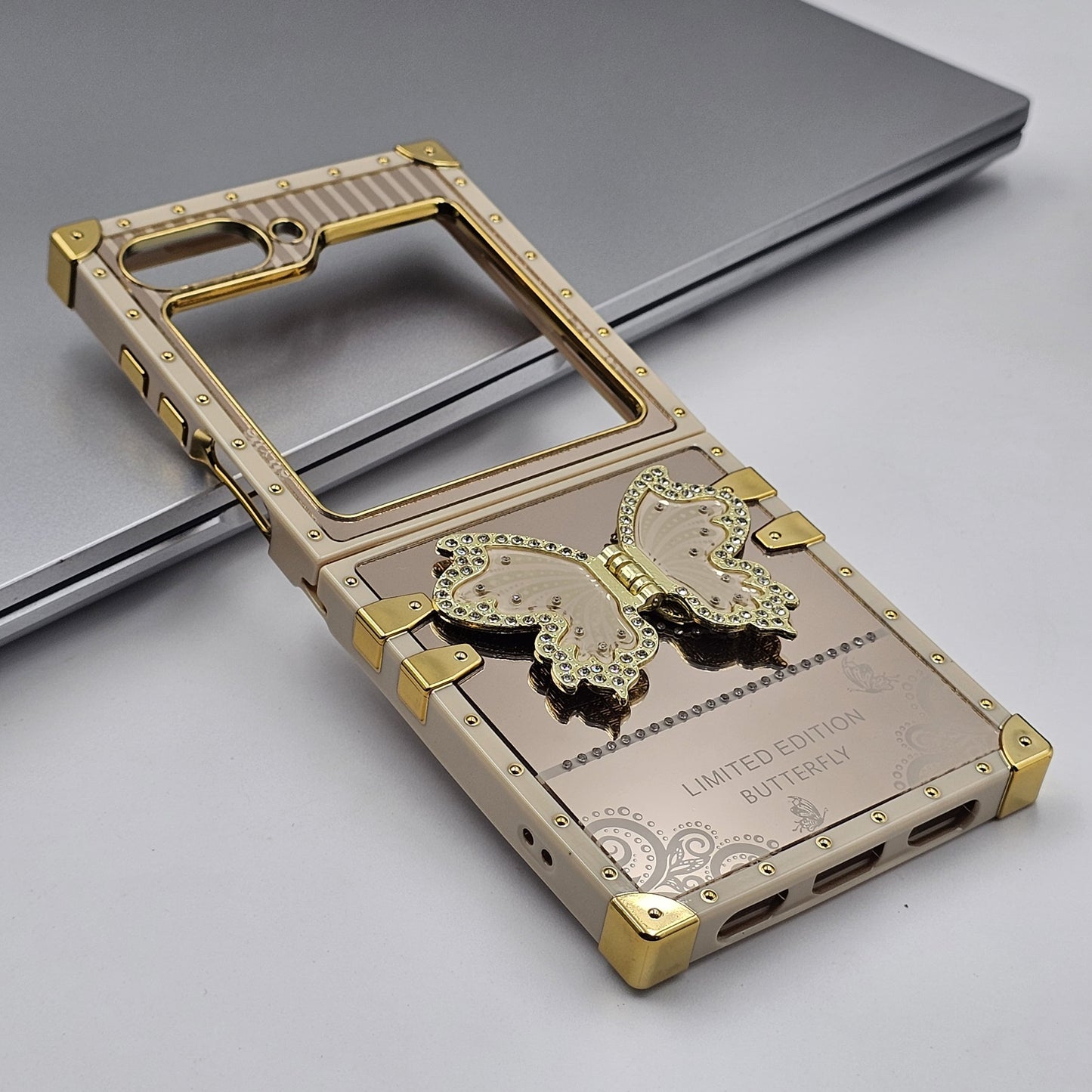 Luxury Butterfly Trunk Case for Samsung Galaxy Z Flip 7 FE | Gold Mirror Finish | Diamond Butterfly