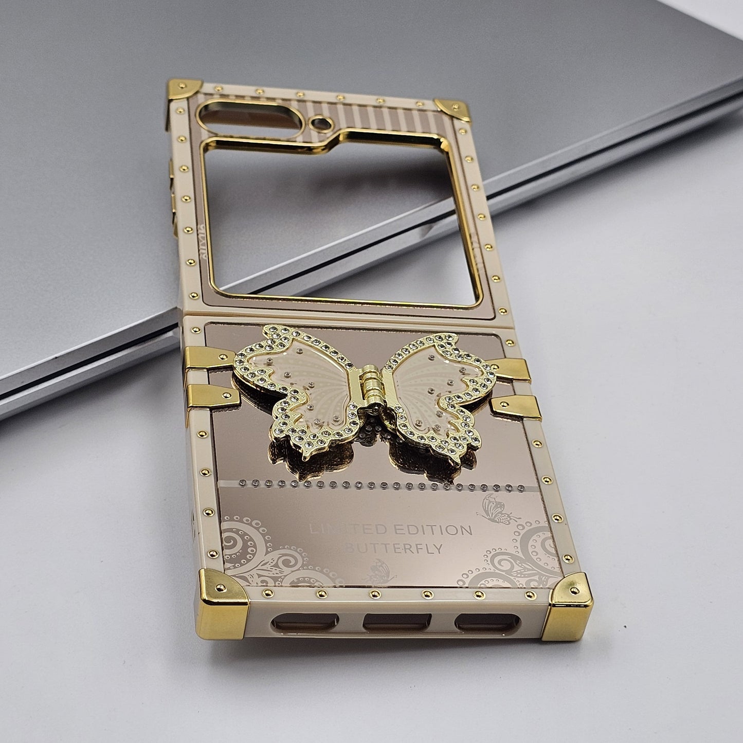 Luxury Butterfly Trunk Case for Samsung Galaxy Z Flip 7 FE | Gold Mirror Finish | Diamond Butterfly