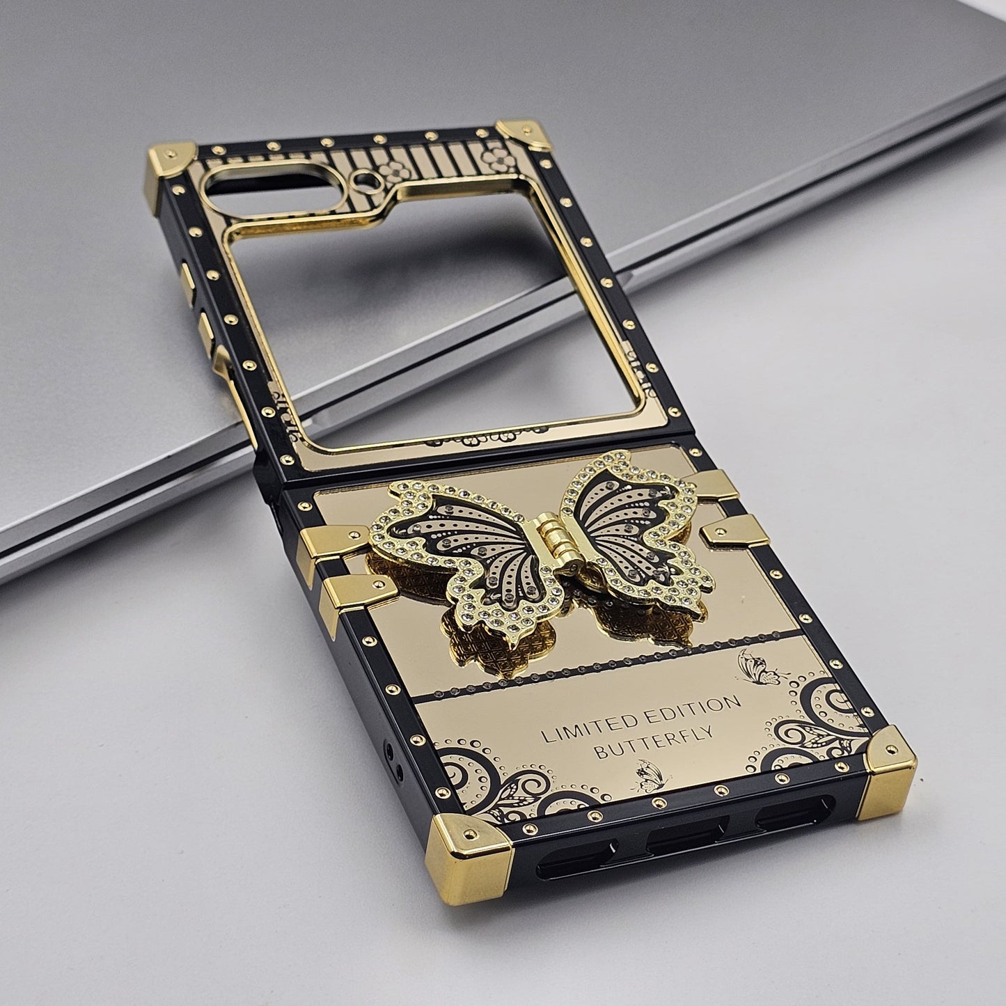 Luxury Butterfly Trunk Case for Samsung Galaxy Z Flip 7 FE | Gold Mirror Finish | Diamond Butterfly
