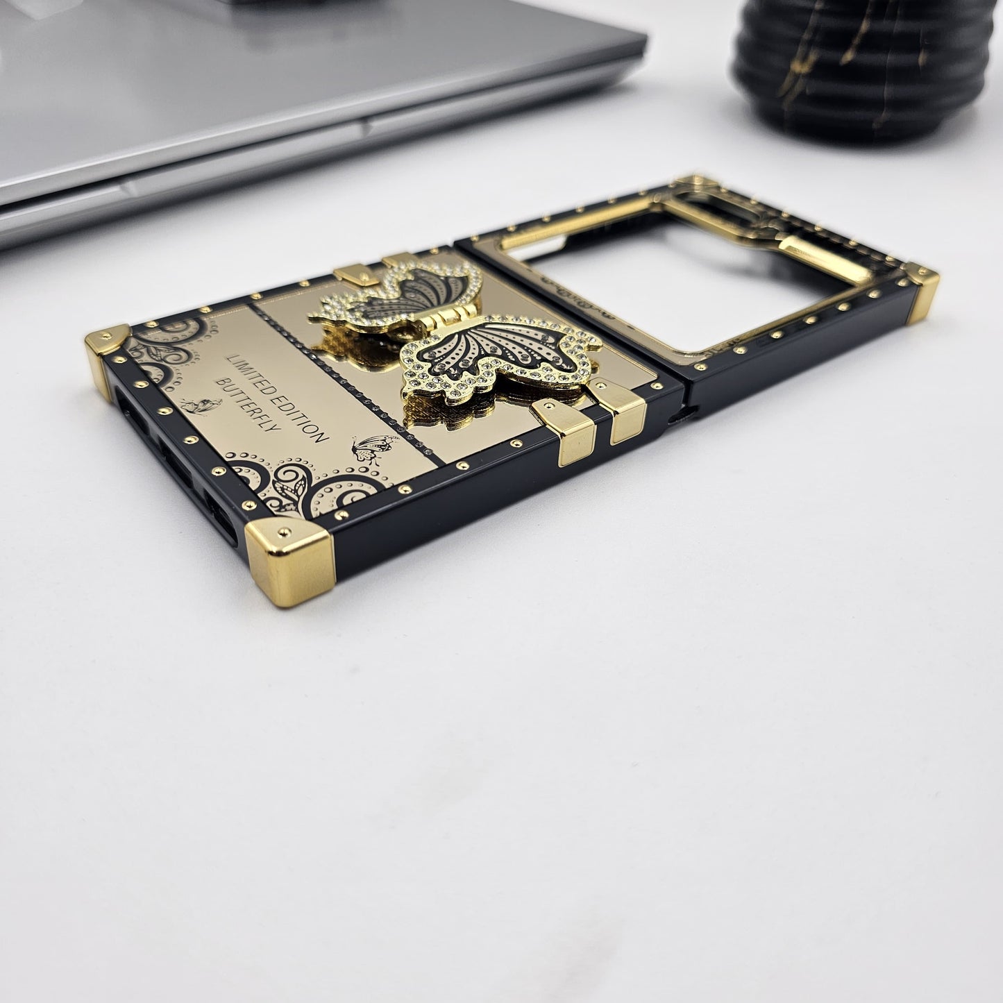 Luxury Butterfly Trunk Case for Samsung Galaxy Z Flip 7 FE | Gold Mirror Finish | Diamond Butterfly