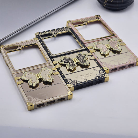 Luxury Butterfly Trunk Case for Samsung Galaxy Z Flip 7 FE | Gold Mirror Finish | Diamond Butterfly