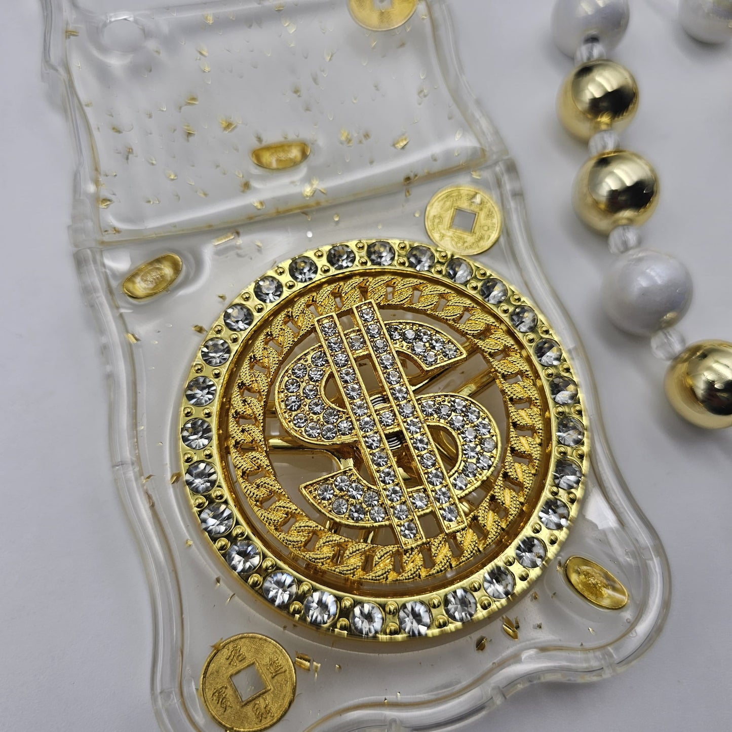 Samsung Galaxy Z Flip 4 Premium Dollar Rotating Bracelet Wristband Pearl Case