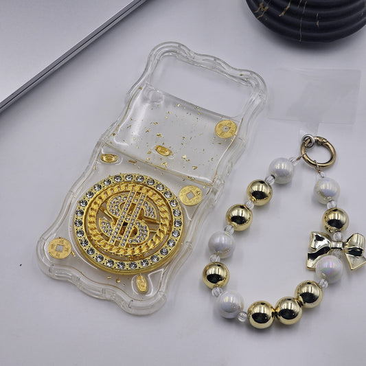 Samsung Galaxy Z Flip 4 Premium Dollar Rotating Bracelet Wristband Pearl Case