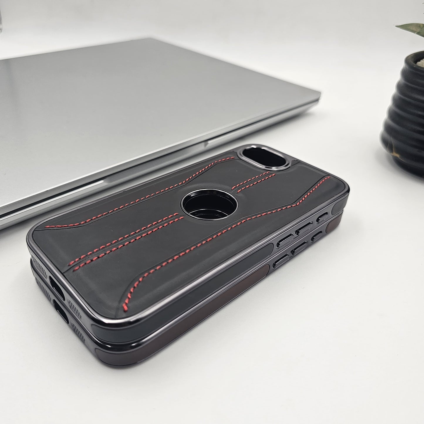 iPhone 16E 3 Stripe Stitched Leather Logo Cut Chrome Case Inside Velvet