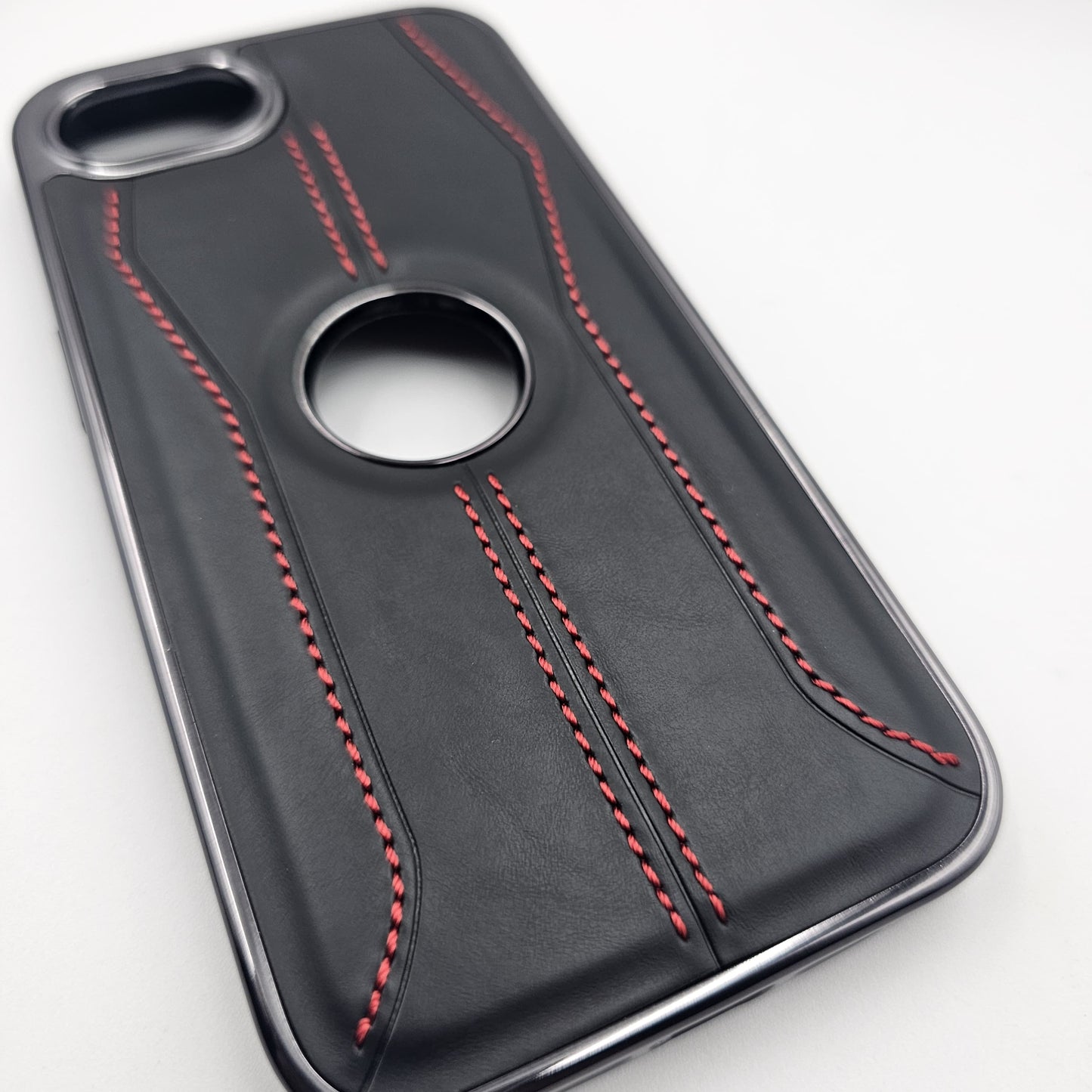 iPhone 16E 3 Stripe Stitched Leather Logo Cut Chrome Case Inside Velvet