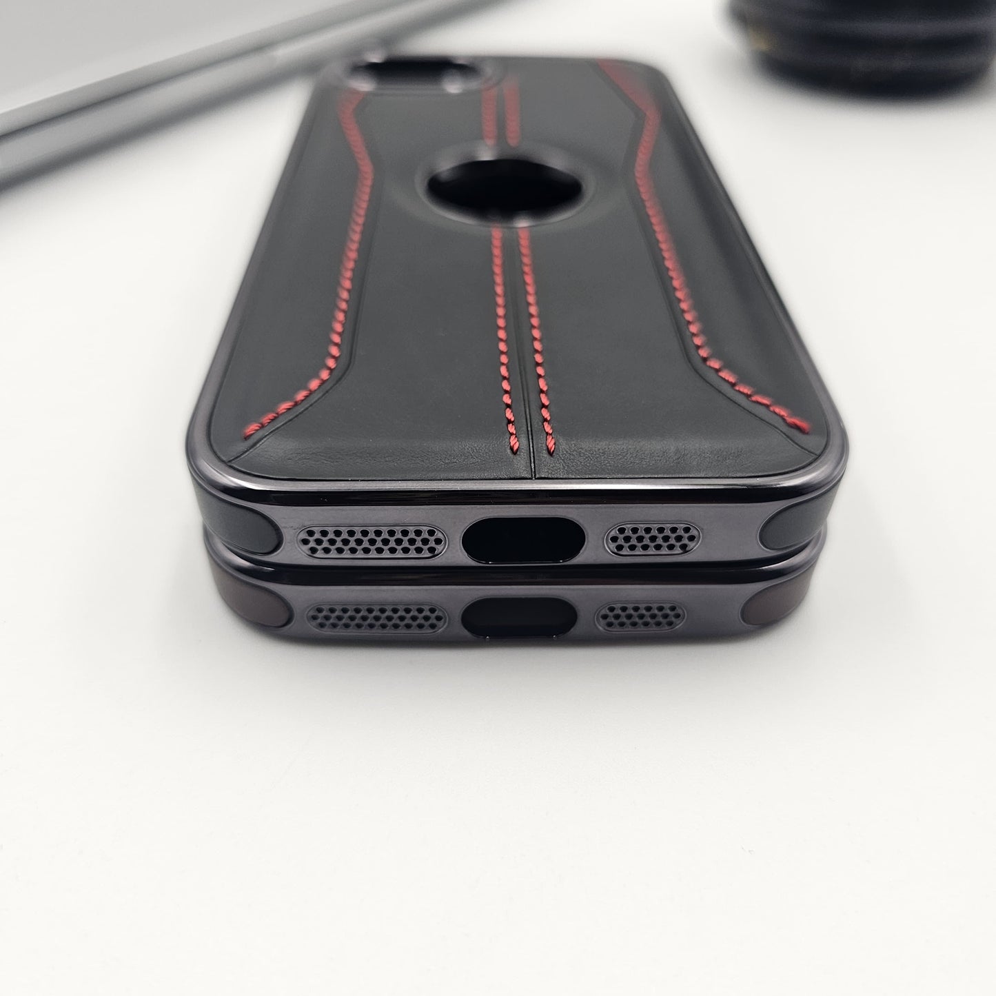 iPhone 16E 3 Stripe Stitched Leather Logo Cut Chrome Case Inside Velvet