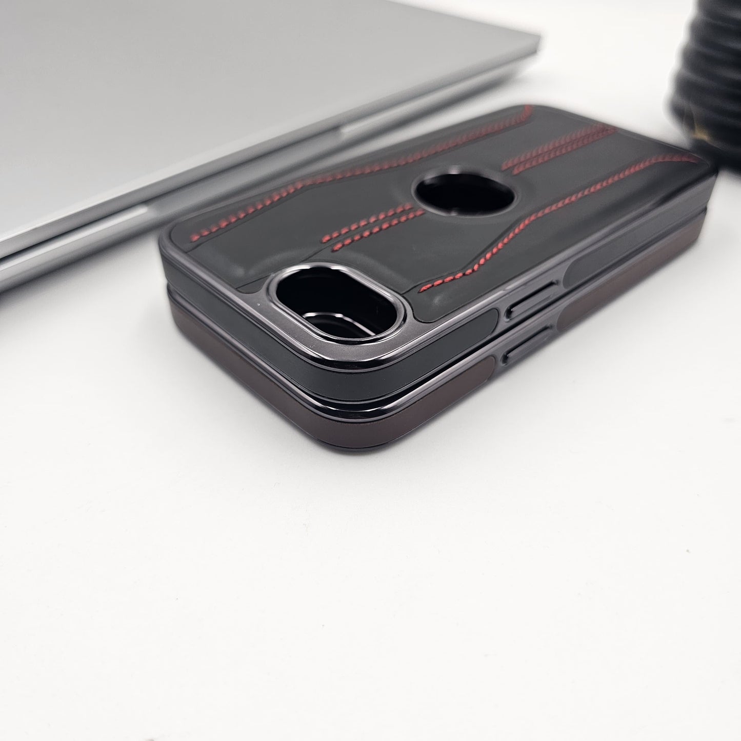 iPhone 16E 3 Stripe Stitched Leather Logo Cut Chrome Case Inside Velvet