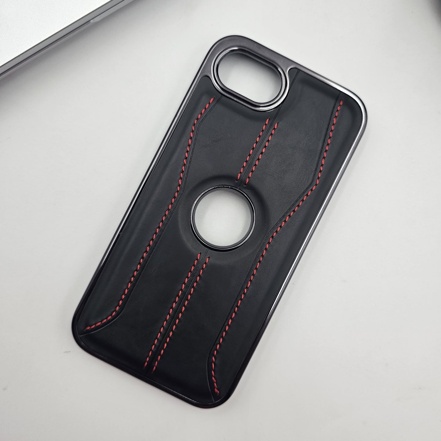 iPhone 16E 3 Stripe Stitched Leather Logo Cut Chrome Case Inside Velvet