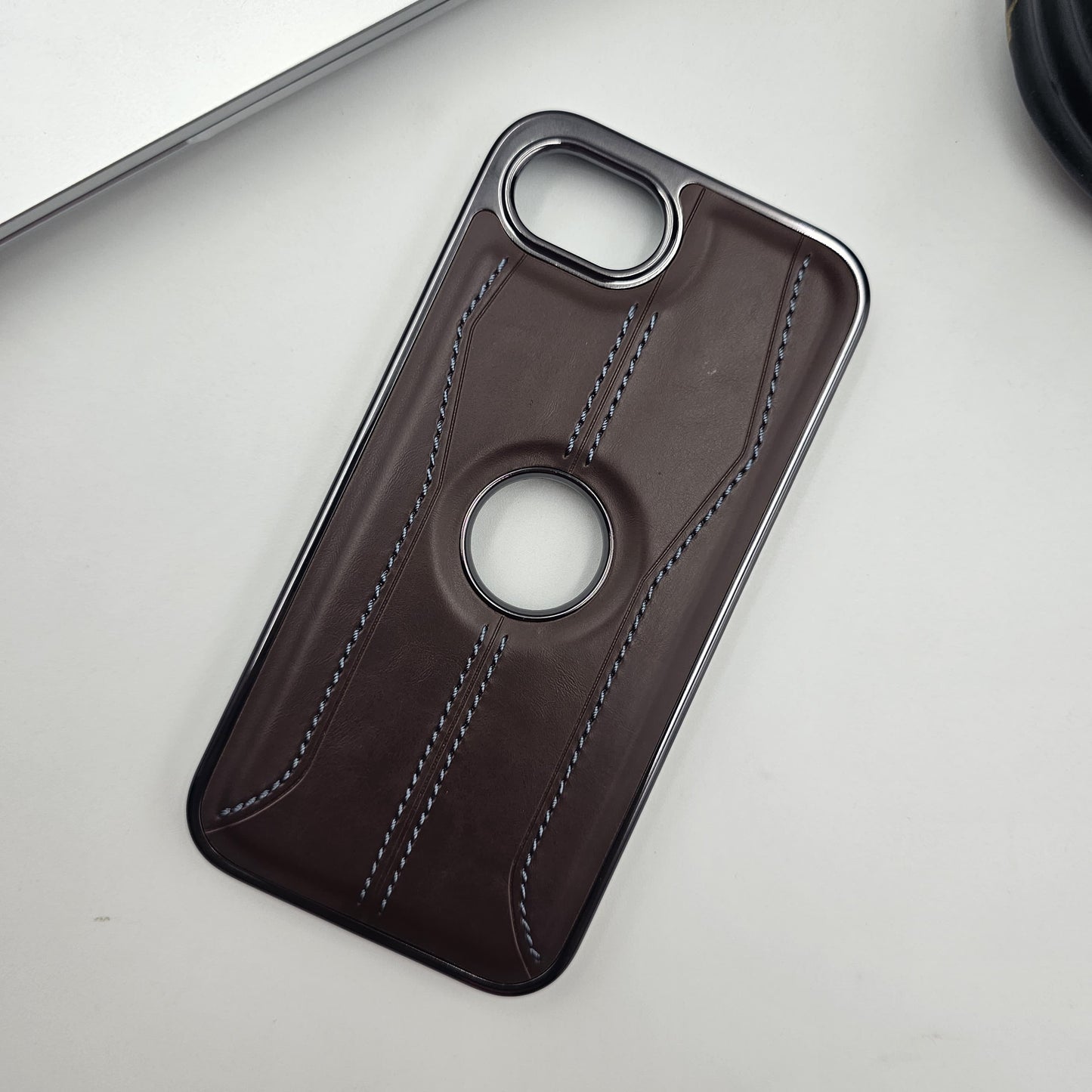 iPhone 16E 3 Stripe Stitched Leather Logo Cut Chrome Case Inside Velvet