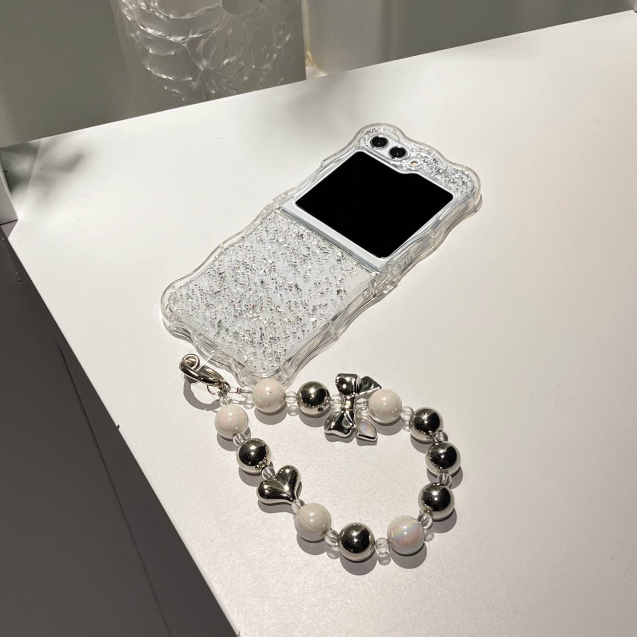 Samsung Galaxy Z Flip 6 Shimmer Glitter Case With Pearl Holder
